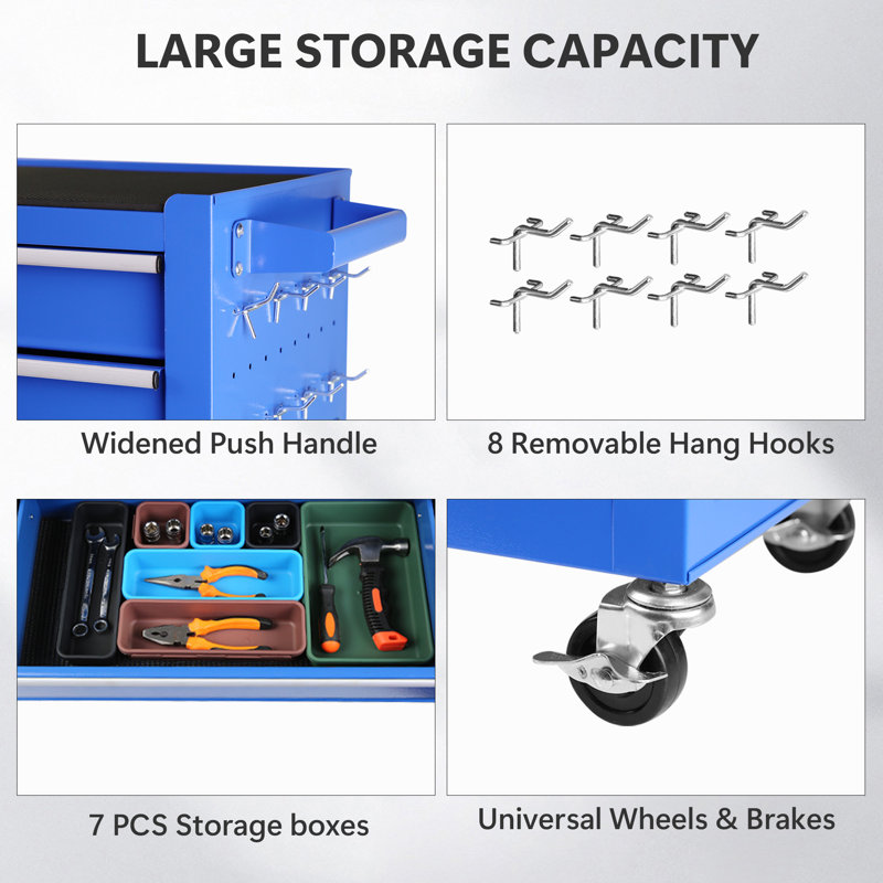 Armoire à outils à 8 tiroirs à roulettes, verrouillable mobile et robuste avec organiseur amovible pour atelier, garage et mécanique