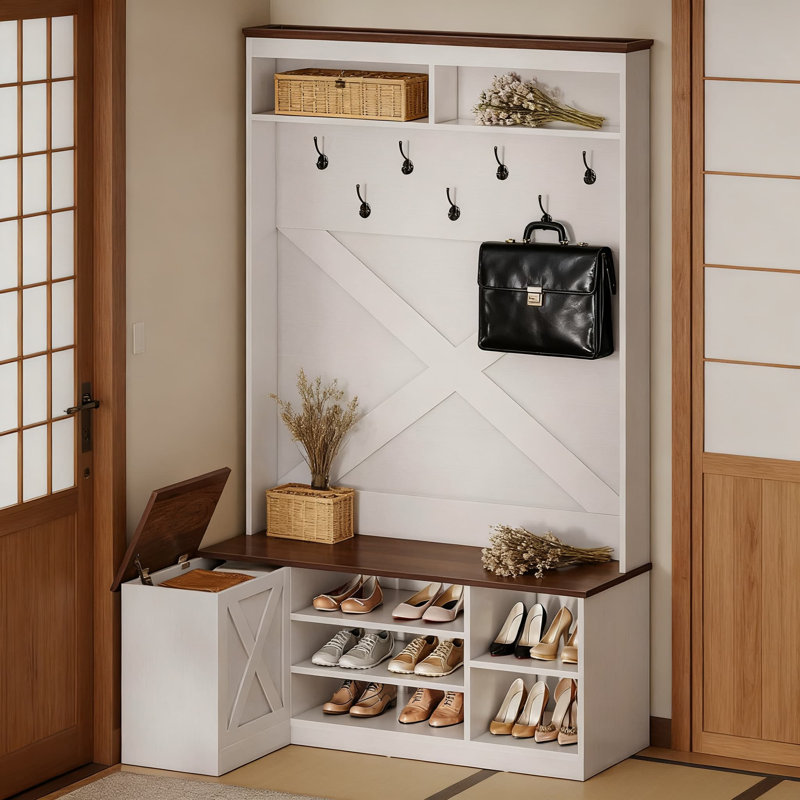 L-Shaped Hall Tree With Bench And Storage, Corner Entryway Organizer With 5-Tier Shoe Rack, Hidden Storage Compartment, Hooks And Open Shelves For Living Room And Hallway