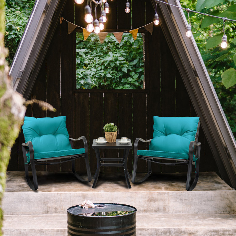 Blue 3 Piece Outdoor Patio Set With Cushions-Rocking Chair for Balcony, Lawn and Porch, Blue