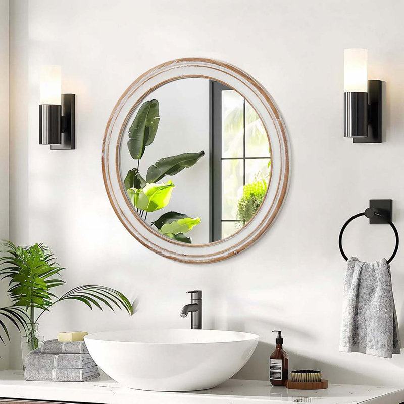 Wooden Farmhouse Round Wall Mirror, 27.56" x 27.56" 