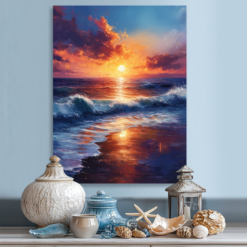 Jaune, bleu, coucher de soleil, océan, bonheur, plage, art mural, Sans cadre, métal, H 32 po x l 16 po