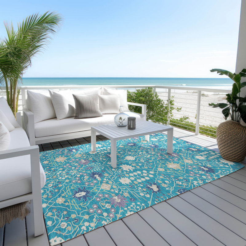 Teal Flat Woven Rectangular Synthetic Washable Rug