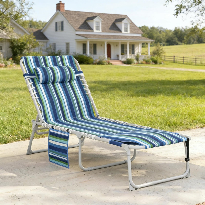 Méridienne pliante avec table d'appoint, 5 positions, trou frontal, filet respirant, capacité de 264 lb, utilisation à la plage