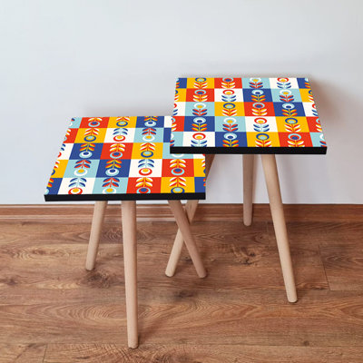 Modern Nesting Table Set (2 Pieces), Geometric Design, Beech Wood Legs, 13.8 x 18.5 x 13.8 in & 13.8 x 16.5 x 13.8 in | 100% MDF, Thickness: 0.7 in | Stylish and Functional for Living Room & Office Decor
