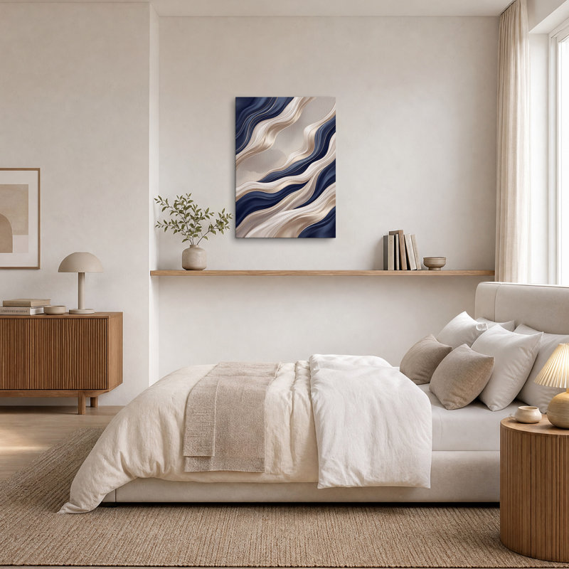 Toile abstraite, lignes ondulées bleu marine et beige, H 48 po x l 32 po