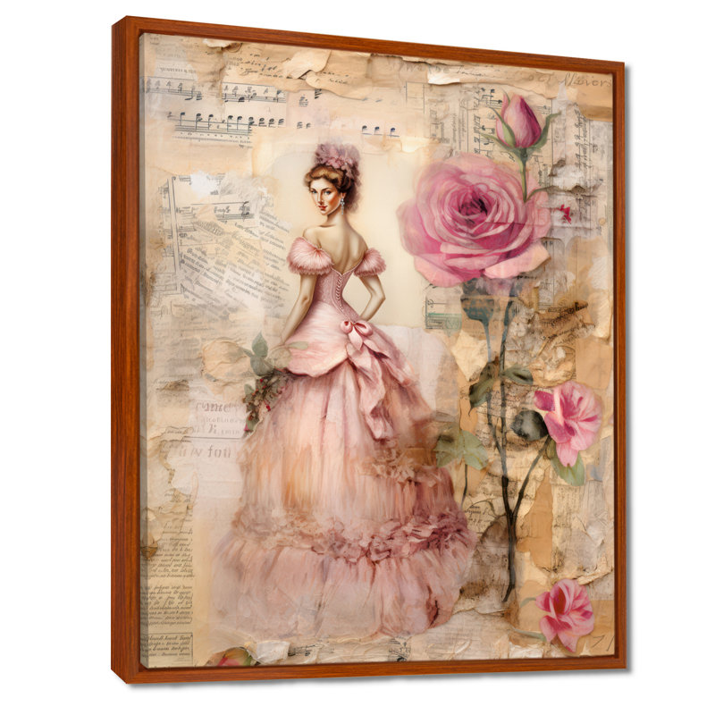 «Victorian Lady Pink Roses Rustic Vintage I - Rose», art mural encadré, H 44 po x l 34 po x P 1,5 po, Cadre flottant brun
