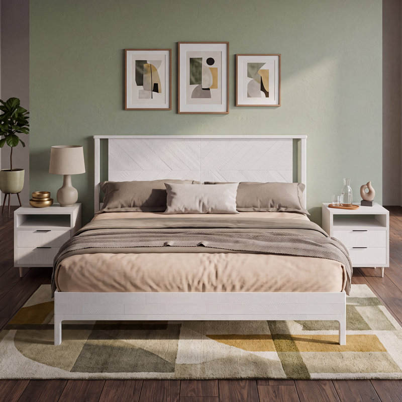 Base de lit avec tête de lit Vivian DELUXE - bois d'acacia, Très grand, Blanc rustique