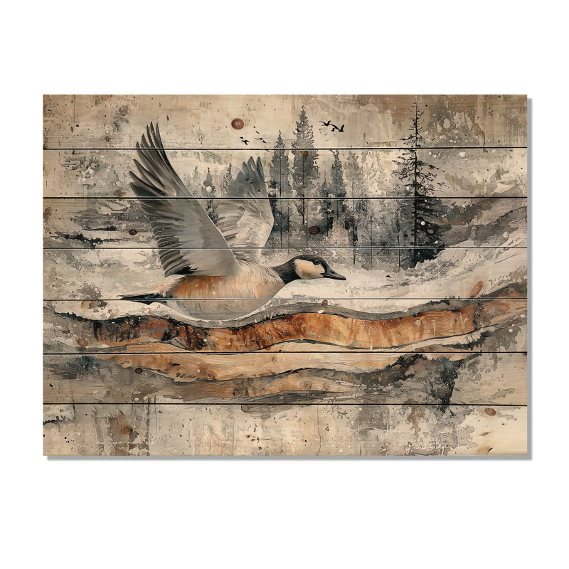 «Goose Animals Into A Winter Horizon II» - Décoration murale animal en bois d'oie - sur bois de pin naturel
