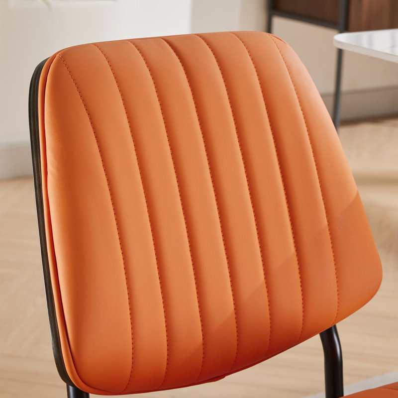 2 Mid Century Dining Chairs In Orange, Pu Leather Covering, Walnut Back, Metal Legs, Ergonomic & Waterproof For Room Of Chairs, Orange Fabric, Home Area