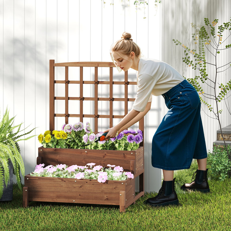 Raised Garden Bed w/ Lattice Trellis Drainage Holes Wooden Elevated Planter Box Stand, 1 Piece