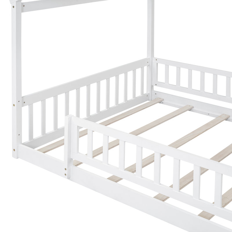 Wood House Bed Frame With Fence, Sturdy Pine Construction, Playful Design, White, Full