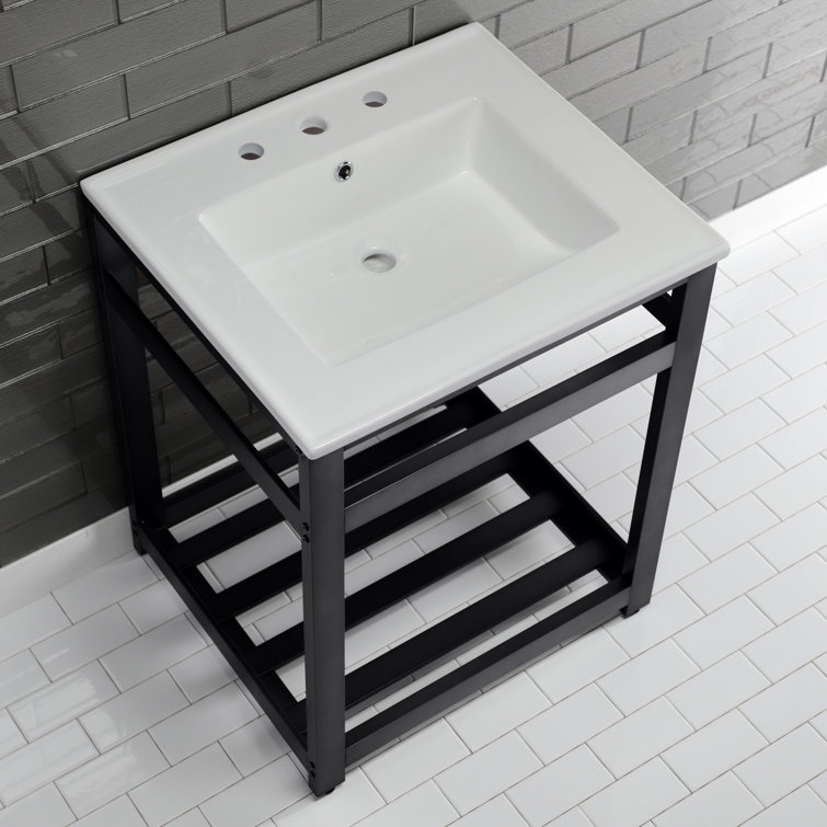 Kingston Brass Quadras 25-Inch Ceramic Console Sink with Stainless Steel Base and Shelf