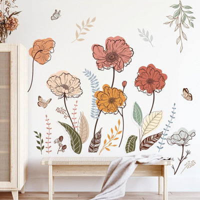 Boho Flower Wall Stickers Wildflower Floral Grass Peel And Stick Wall Art Decals For Living Room Bedroom TV Wall