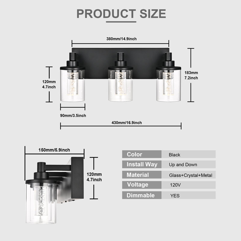 Vanity Light (3-Light), (3000K/3500K/4500K/5000K/6000K, Dimmable), Eye Protection LED Bathroom Light Fixture, Modern Wall Light Over Mirror With Clear Glass Shade