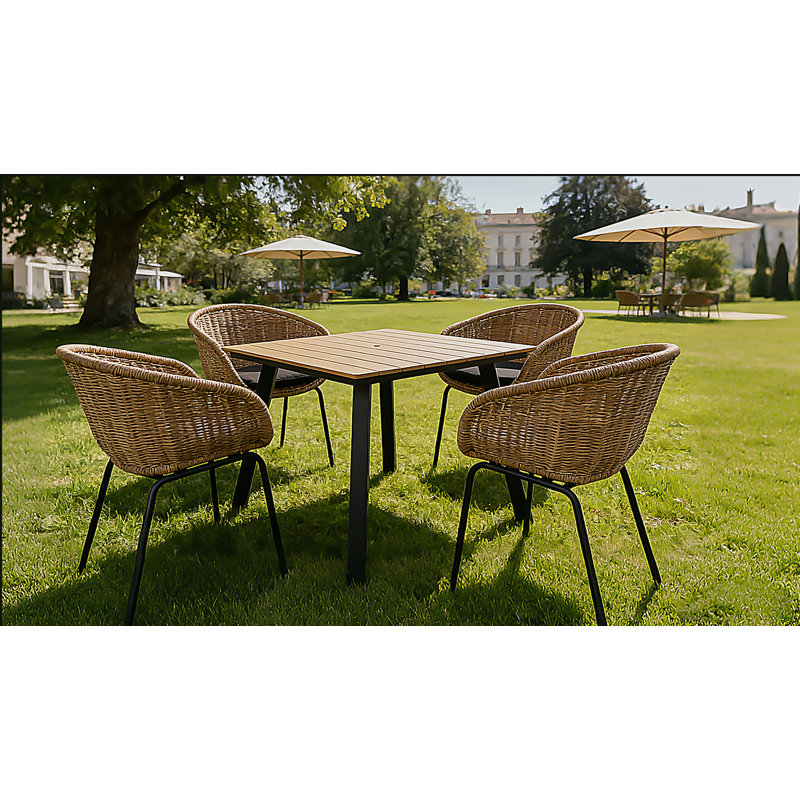 Square Patio Dining Table with Umbrella Hole, Heavy-Duty Iron Frame Wood-Plastic Composite Tabletop, All-Weather Outdoor Indoor Table for Garden, Balcony, Backyard
