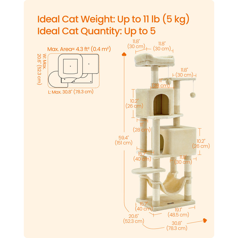 Arbre à chat 61 po H, Beige, H 59,4 po x l 30,8 po x P 20,6 po