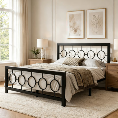 Avren Vintage Metal Platform Bed with Headboard and Footboard, Geometric Design, No Box Spring Needed