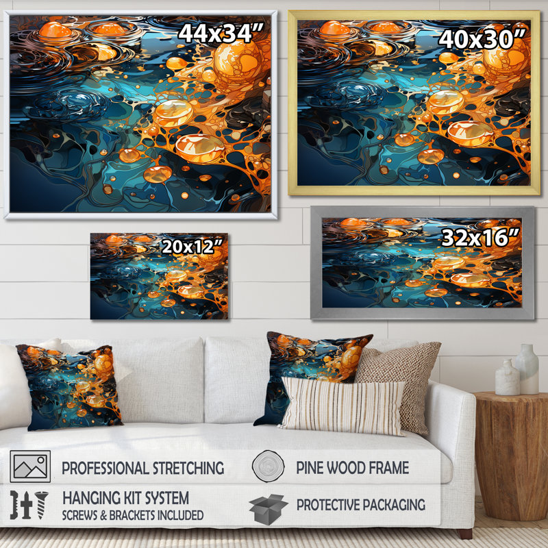 «Orange Orange and Blue River Serene Journey III», art mural abstrait à l'encre liquide, Cadre flottant noir