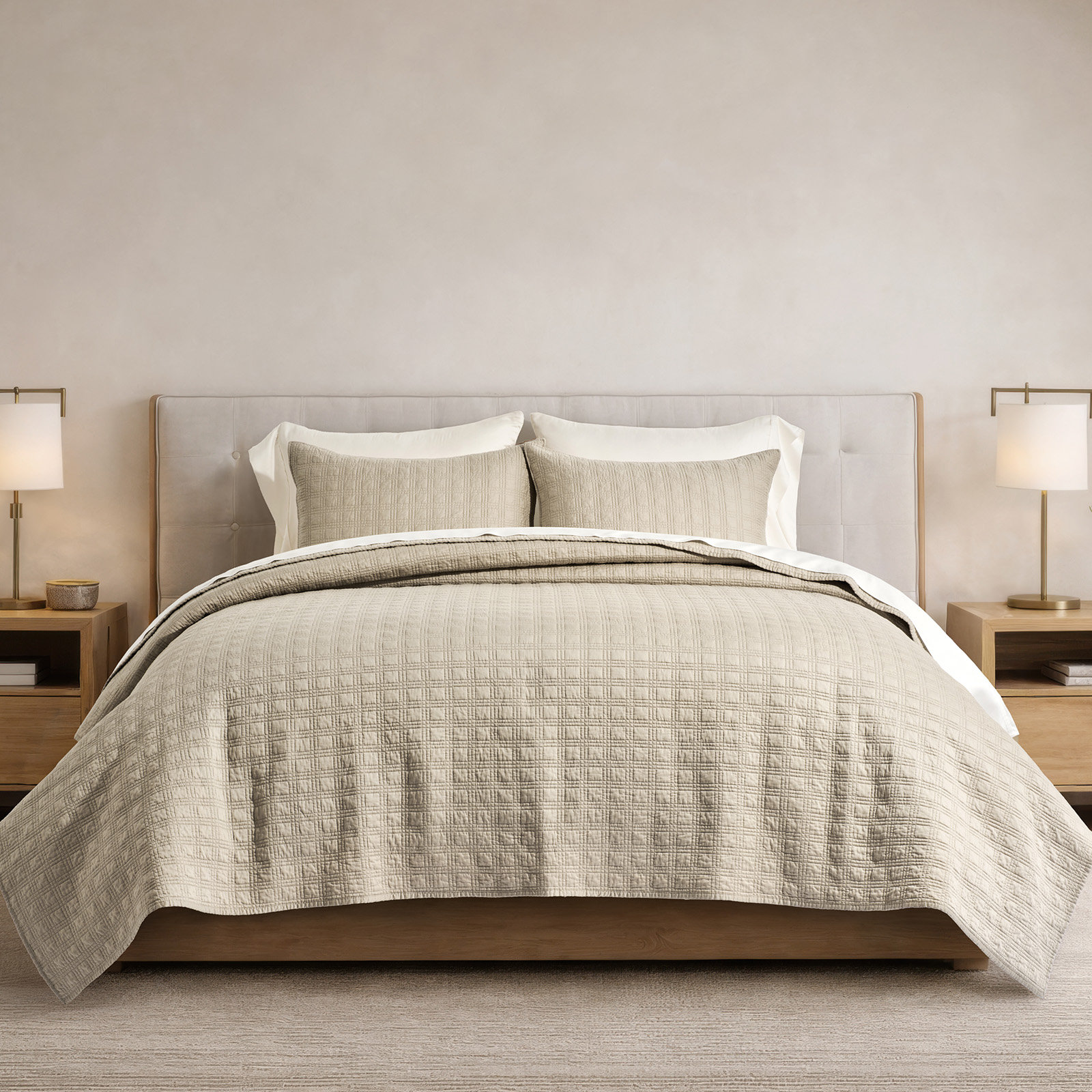 Cotton Sateen Quilt Set, King Quilt + 2 King Shams, Light Taupe
