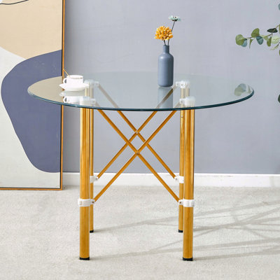 Table ronde en verre trempé 39,7 po - Pieds en métal doré avec structure triangulaire