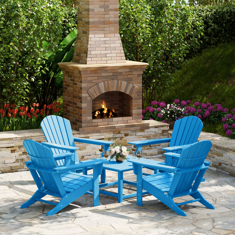 Outdoor 5-Piece Adirondack Chair With Square Coffee Table Conversation Set, Pacific Blue