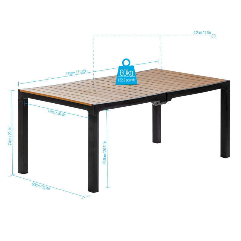 Armbrister Plastic Dining Table, Brown Top/Black Base, 29.1" H x 71.25" W x 35.4" D