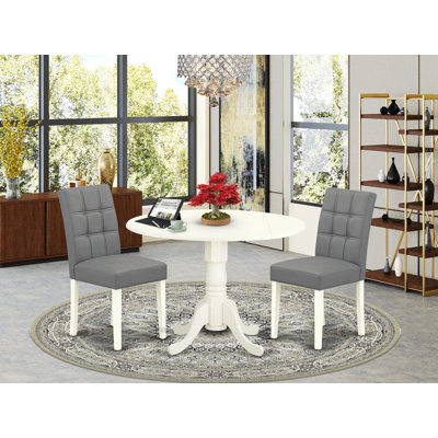 L'ensemble de table de salle à manger 3 pièces comprend une table en bois et 2 chaises de cuisine en tissu de polyester gris platine avec dossier élégant - finition lin blanc