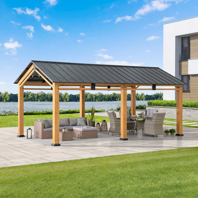 Sunjoy 6.3M x 3.36M Cedar Wooden Gazebo, Anthracite—Durable Cedar Frame with Powder-Coated Steel Roof, UV-Resistant & Versatile for Outdoor Living