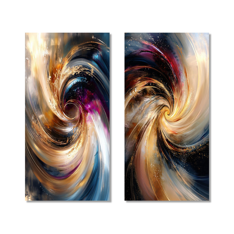Spirales abstraites dans des tons d'or et de pourpre I - Ensemble de 2 décorations murales modernes en métal, 32" H x 32" W