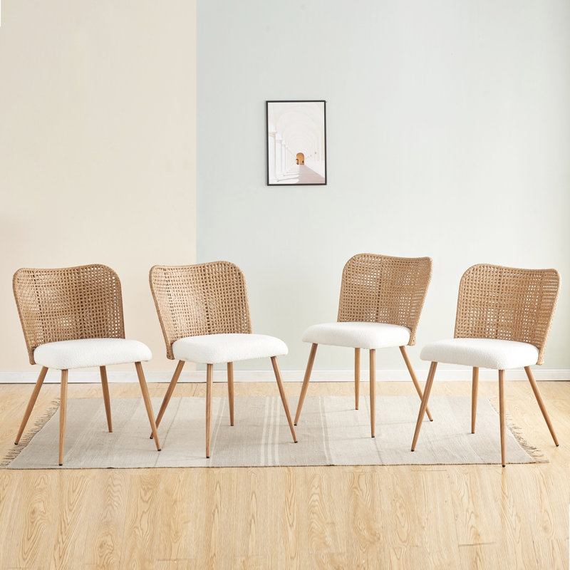 Ensemble de 4 chaises de salle à manger en rotin blanc, chaises de salle à manger Boucle blanches, chaises de cuisine en rotin pe rembourrées avec pieds en métal pour la salle à manger, cuisine