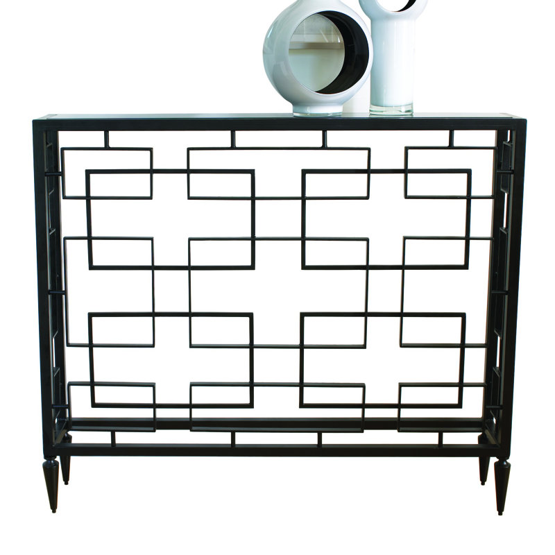 Futuristic Black Marble & Metal Open-Block Console with Storage