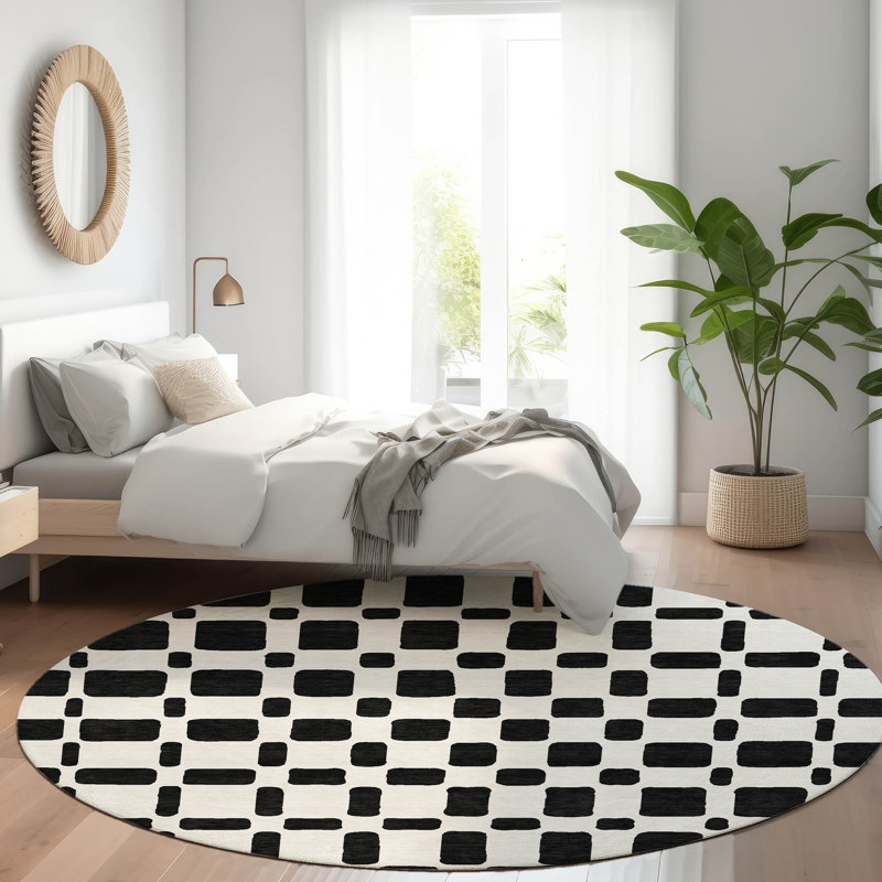 Premium Machine Washable Prisco Black Rug, Round 8'