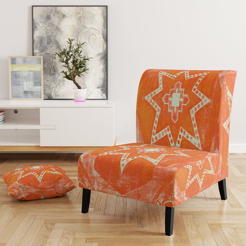 Moroccan Orange Tiles Collage I - Velvet Bohemian Chic Upholstered Slipper Chair, Orange