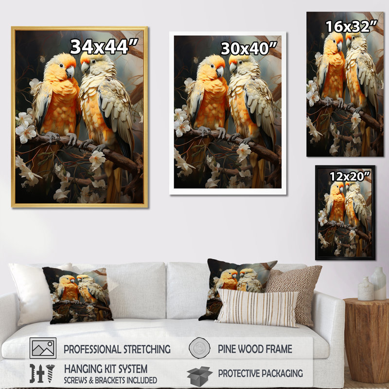 Perroquets jaunes et beiges éclatants sur toile, H 40 po x l 30 po x P 1,5 po, Cadre photo argenté
