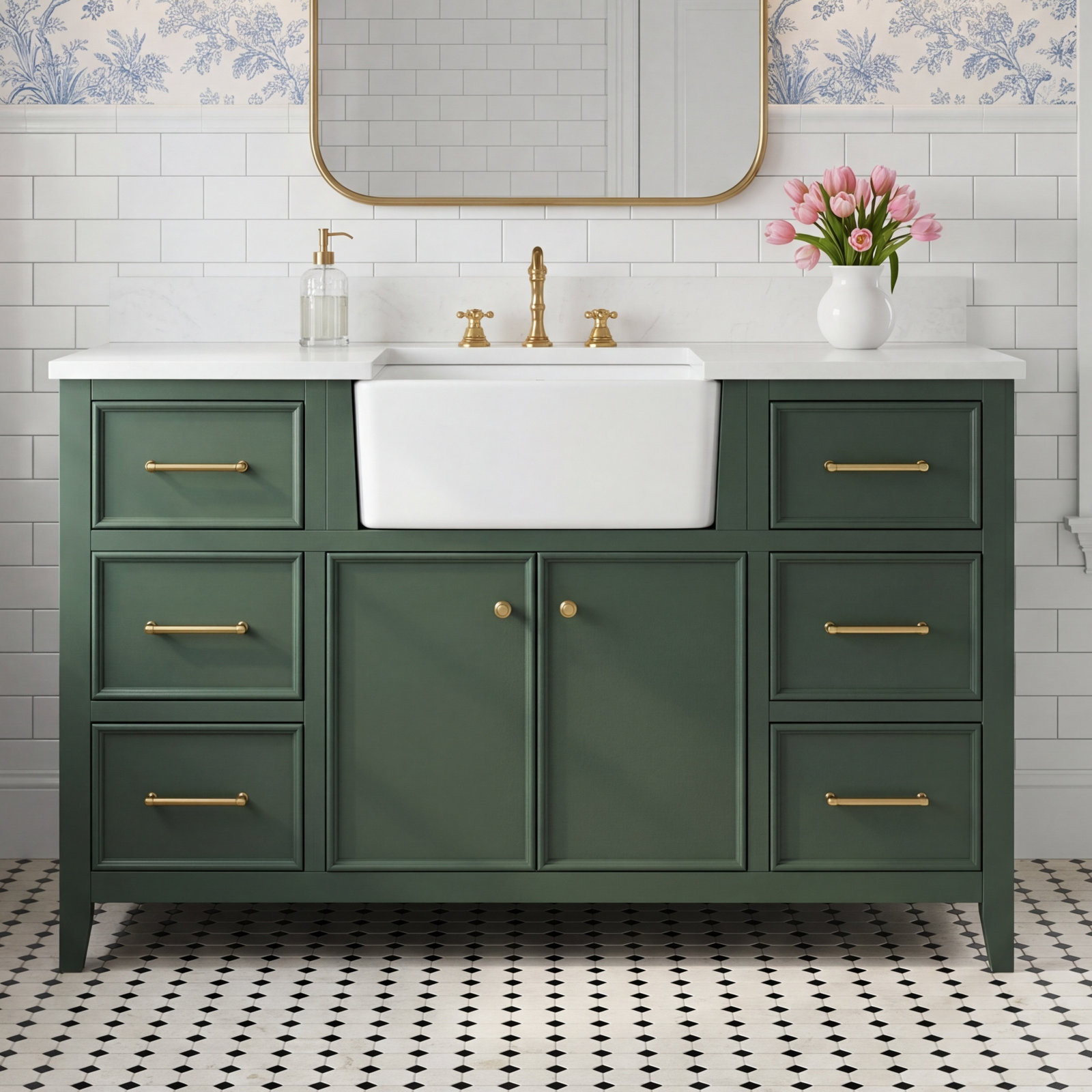 Aisa 54" Pine Single Bathroom Vanity, Evergreen/Brushed Gold