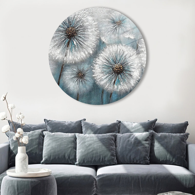 Art floral de conception moderne avec pissenlits imprimés sur du verre trempé pour une décoration murale tendance | Rond