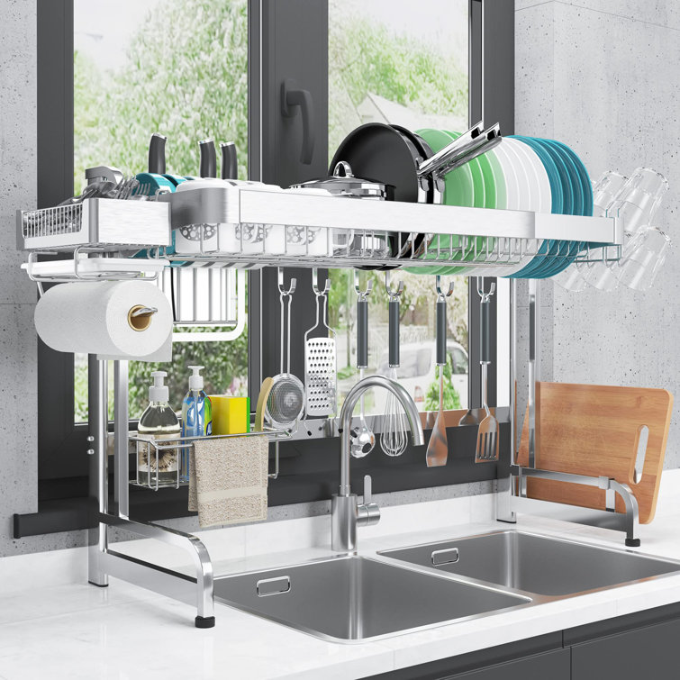 Over The Sink Dish Drying Rack,Width Hight Adjustable Dish Dryer Rack - Silver