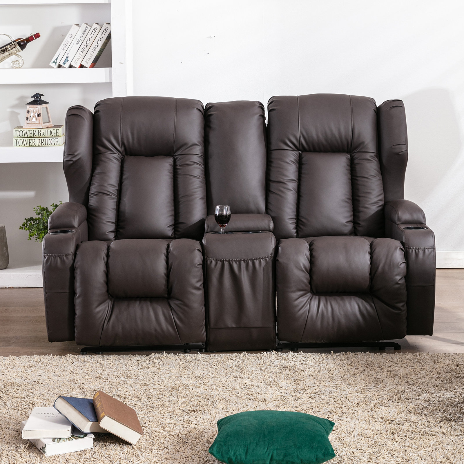 Ebern Designs 66.9" Wide Faux Leather Home Theater Loveseat with Cup ...