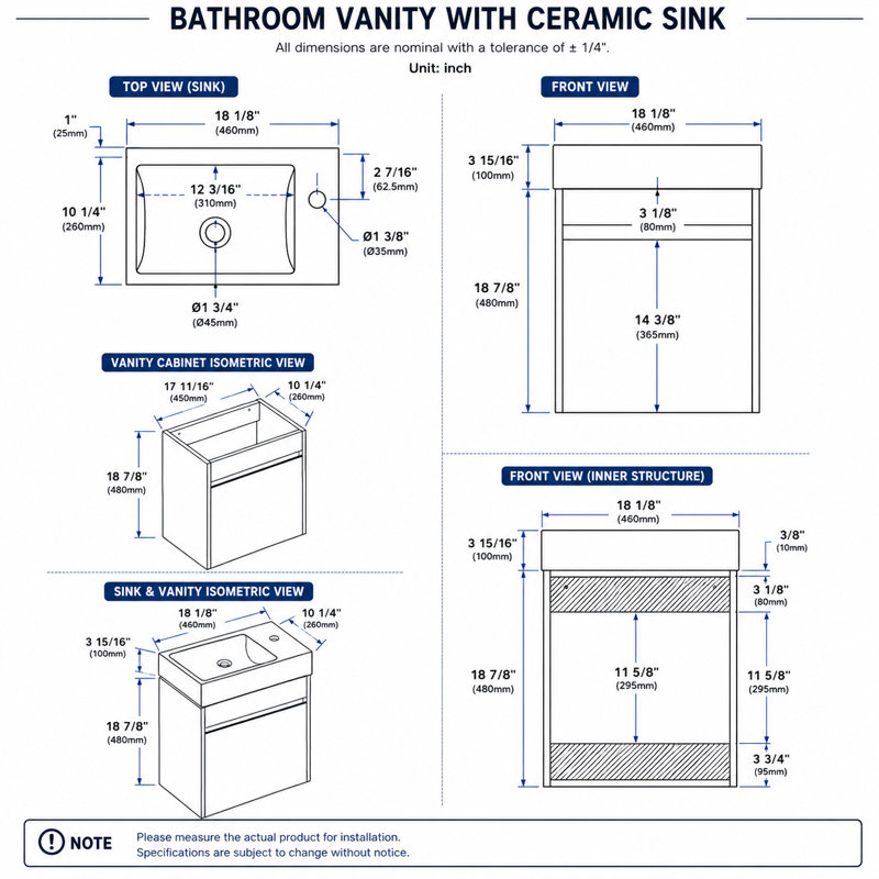 Meuble-lavabo flottant simple 18 po en chêne avec lavabo en céramique et portes à fermeture en douceur