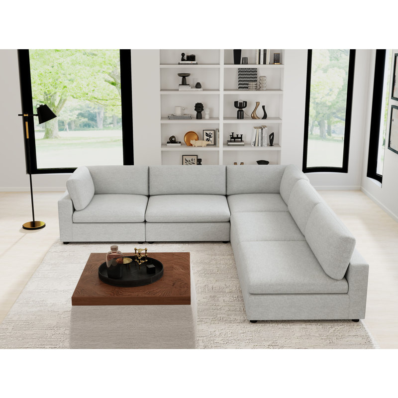 5-Piece Modern Minimalist Soft-Upholstered Sectional With Pillow Back