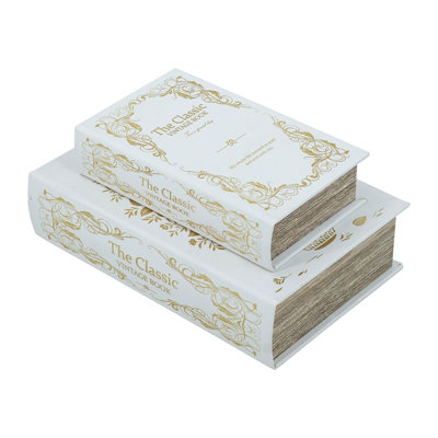 Set Of 2 Decorative Book Boxes With White And Gold Floral Motifs And Text,  L: 7X3x10.5" S: 5X2x8.3"