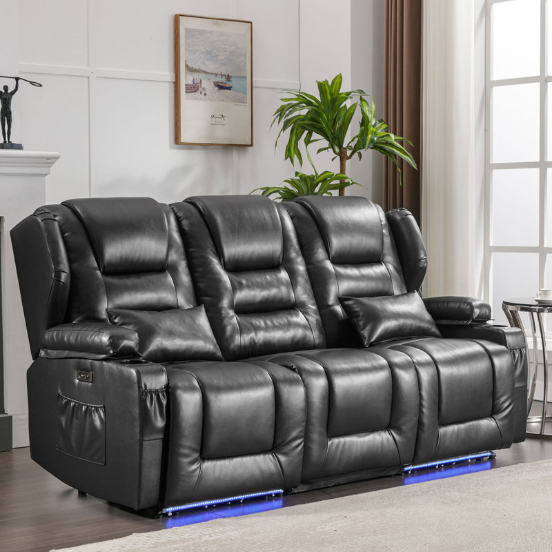 Kymberlee 79.5'' Faux Leather Power Reclining Sofa, Black Faux Leather