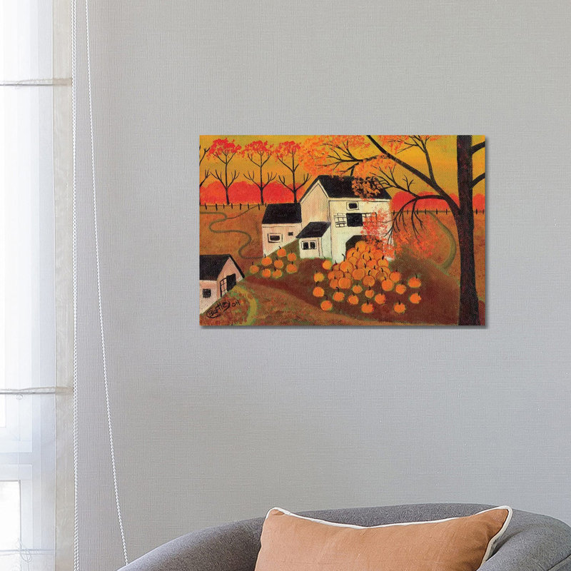 «Pumpkin Barn Autumn Folk Art» par Cheryl Bartley, reproduction d'art sur toile tendue, H 12 po x l 18 po x 1,5 po