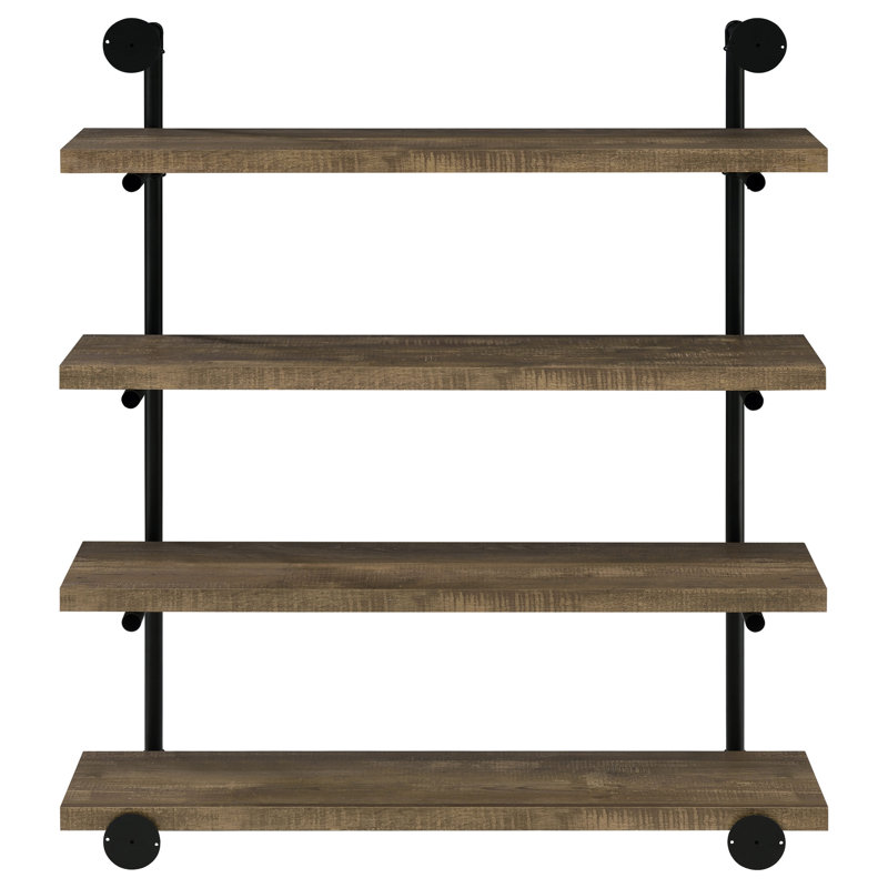 Olivia 4-Shelve Industrial Pipe Wall Shelf, Rustic Oak, 46" H x 39.25" W x 11.5" D
