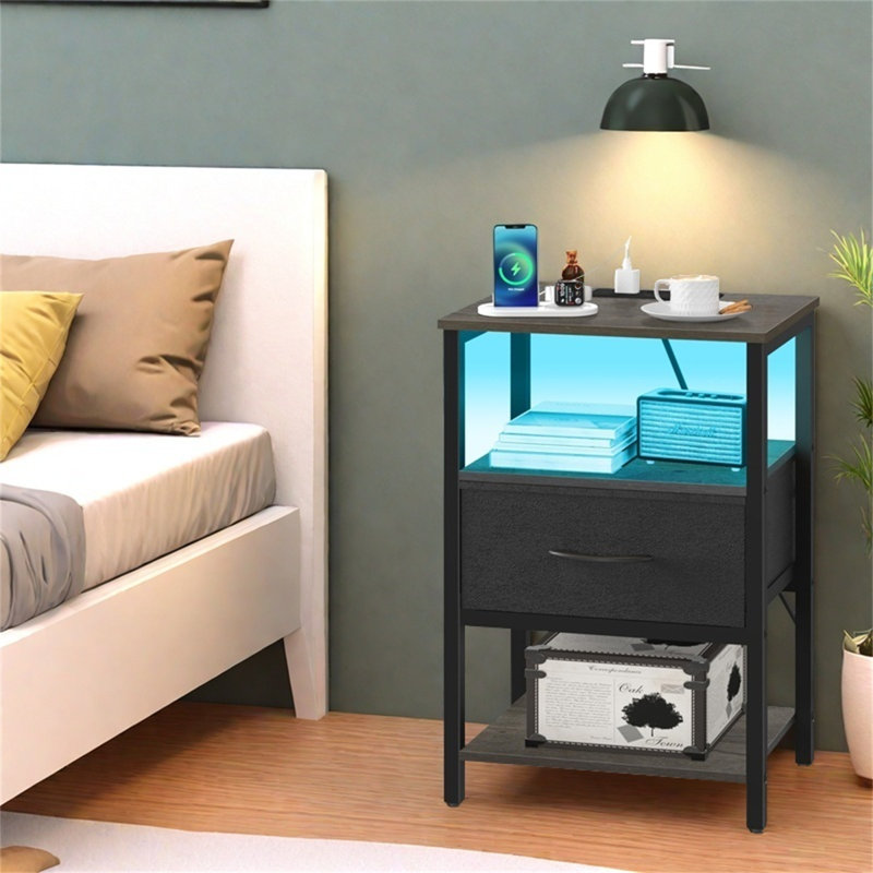 Table de chevet moderne à DEL avec station de charge et tiroir réglable en tissu, Gris noir
