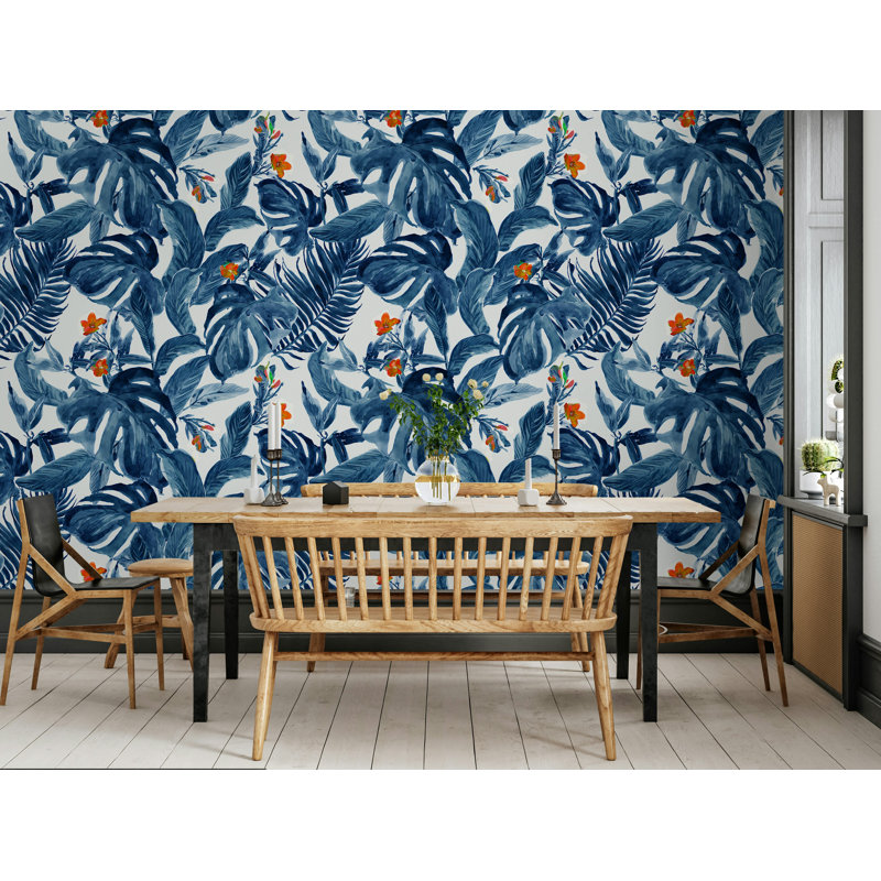 Papier peint feuilles bleues tropicales bleues avec fleurs orange, L 75 po x l 112 po