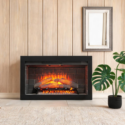 Foyer électrique encastrable noir avec chaleur à quartz infrarouge, 36 pouces, pour les espaces de vie intérieurs confortables