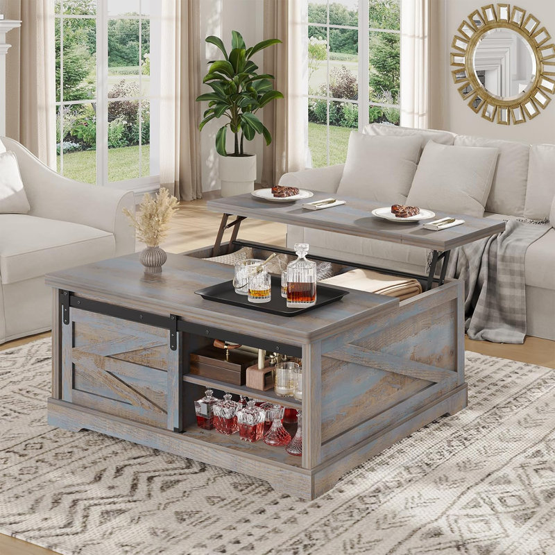 Table basse à plateau relevable de 39,4 po avec rangement, tables basses de ferme pour le salon, Bleu, Bleu