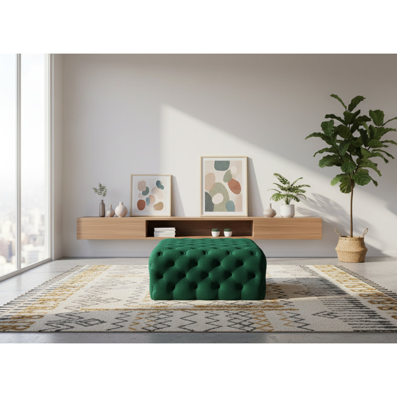 Ariel 33" Wide Velvet Tufted Square Standard Ottoman, Green Velvet