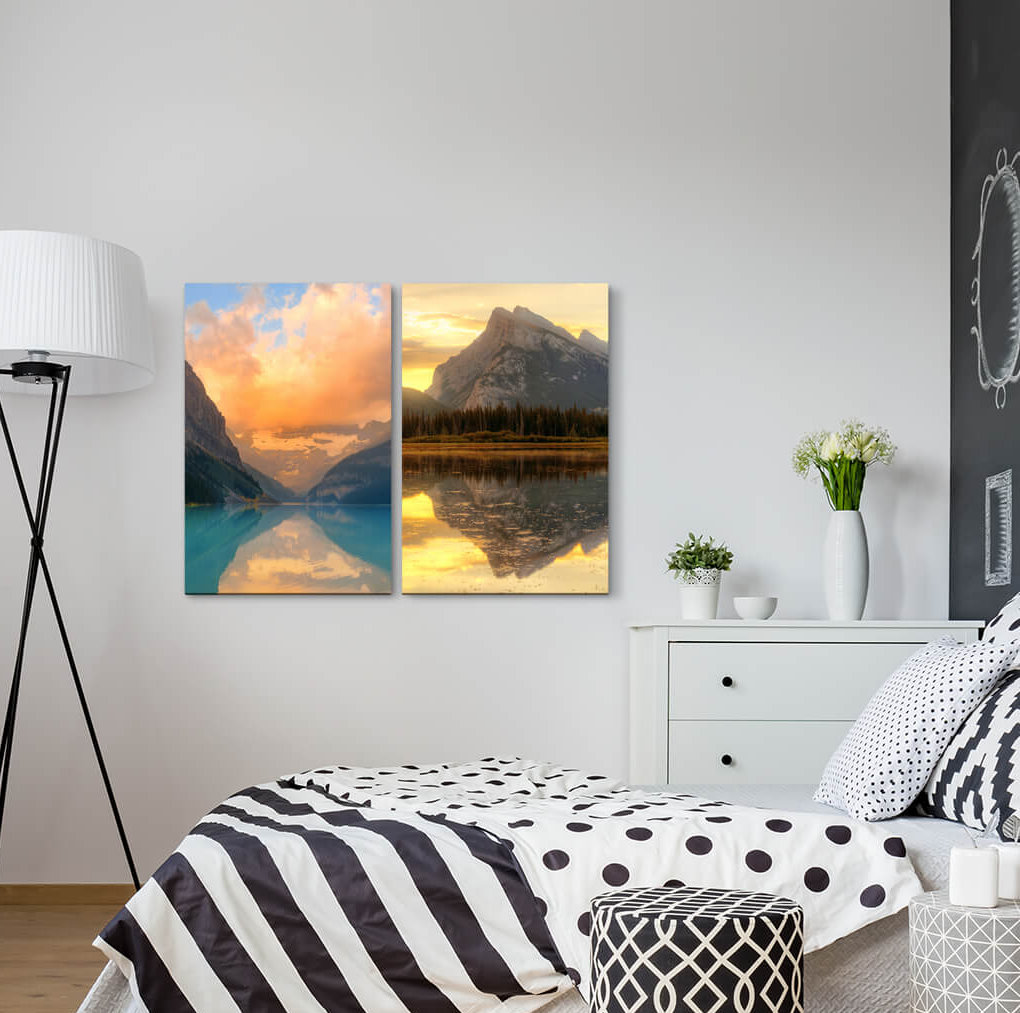 2-tlg. Leinwandbilder-Set - Grafikdruck "Matterhorn-Alpen-Berge Snowy Peaks Mountain Lake Klarheit Stille"